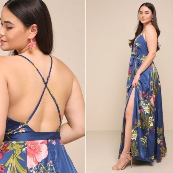 LULU's Floral Sexy Romantic Flowy Floral Wedding Formal Event Satin Maxi - Picture 4 of 6